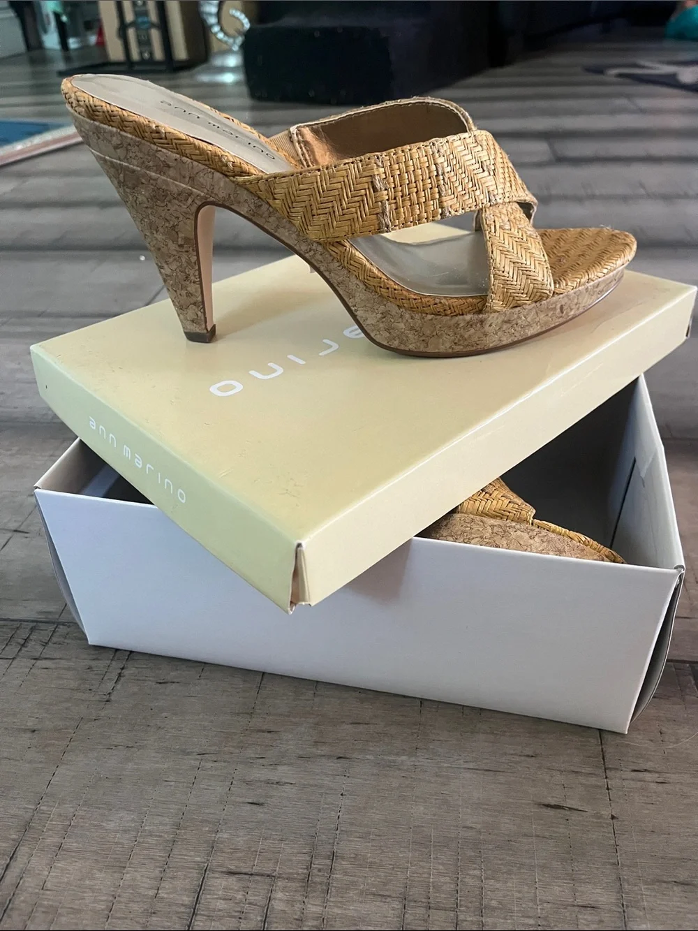Ann Marino Woven Tan Cork Heel Slide Mules